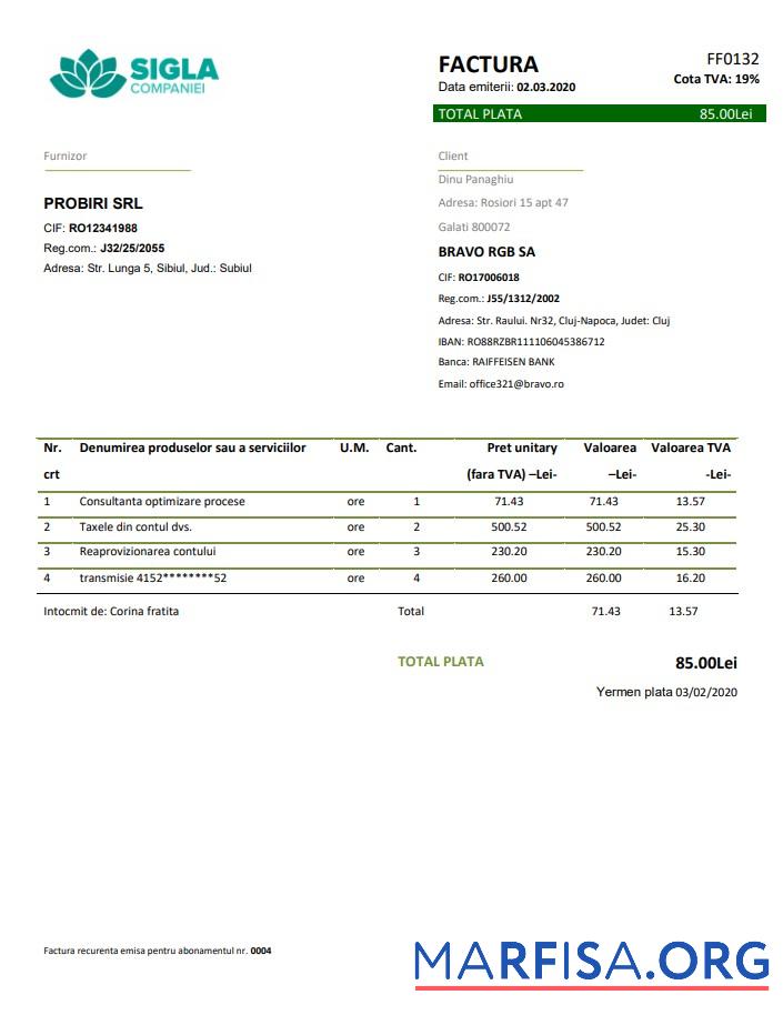 Blank Romania SIGLA COMPANIEI utility bill template in Word and PDF format
